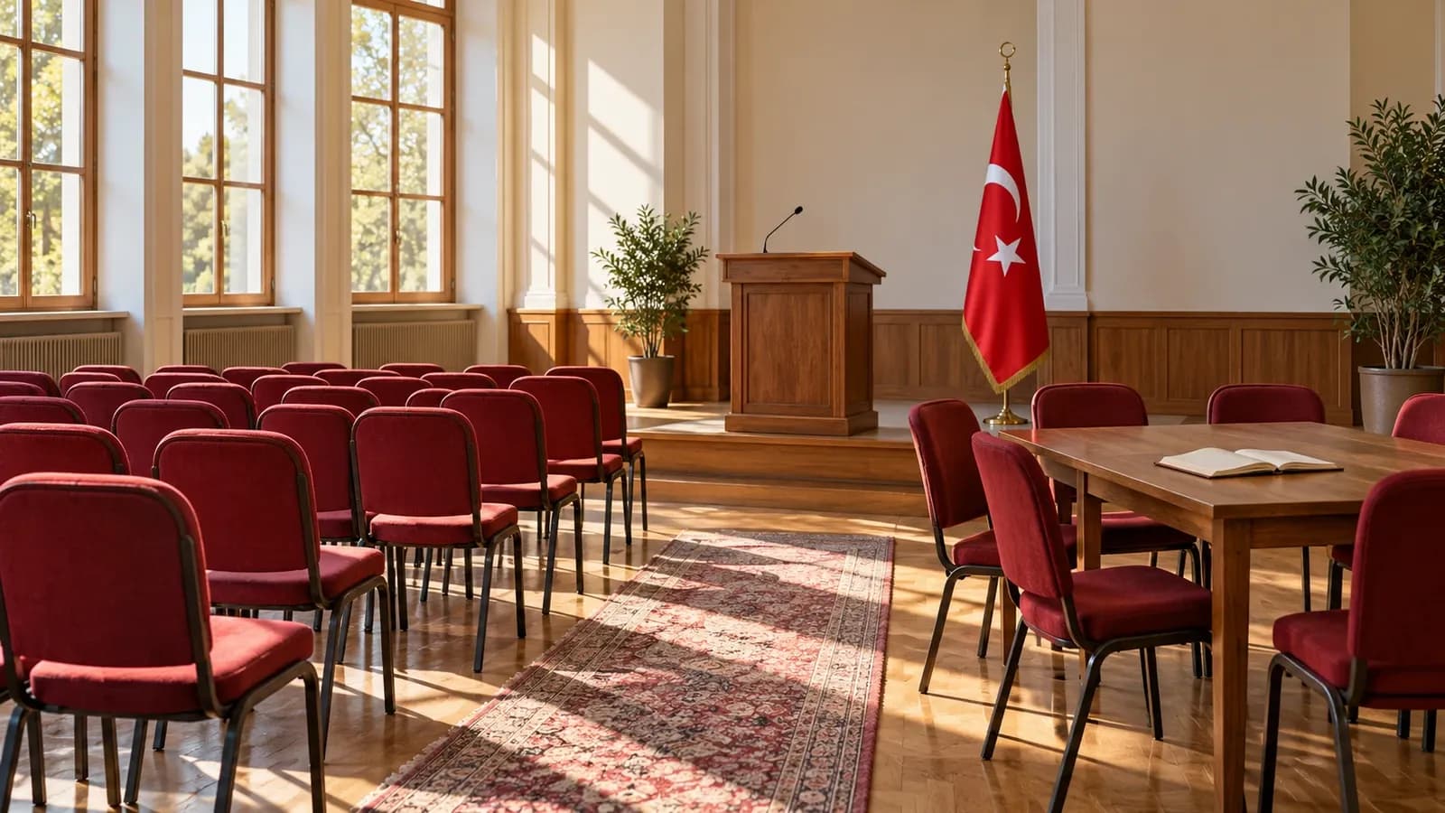 Siyasi örgütlenme ve ortak mücadeleyi simgeleyen, Türk bayrağı ve boş sandalyelerin bulunduğu temsili toplantı salonu — Zafer Gökcan