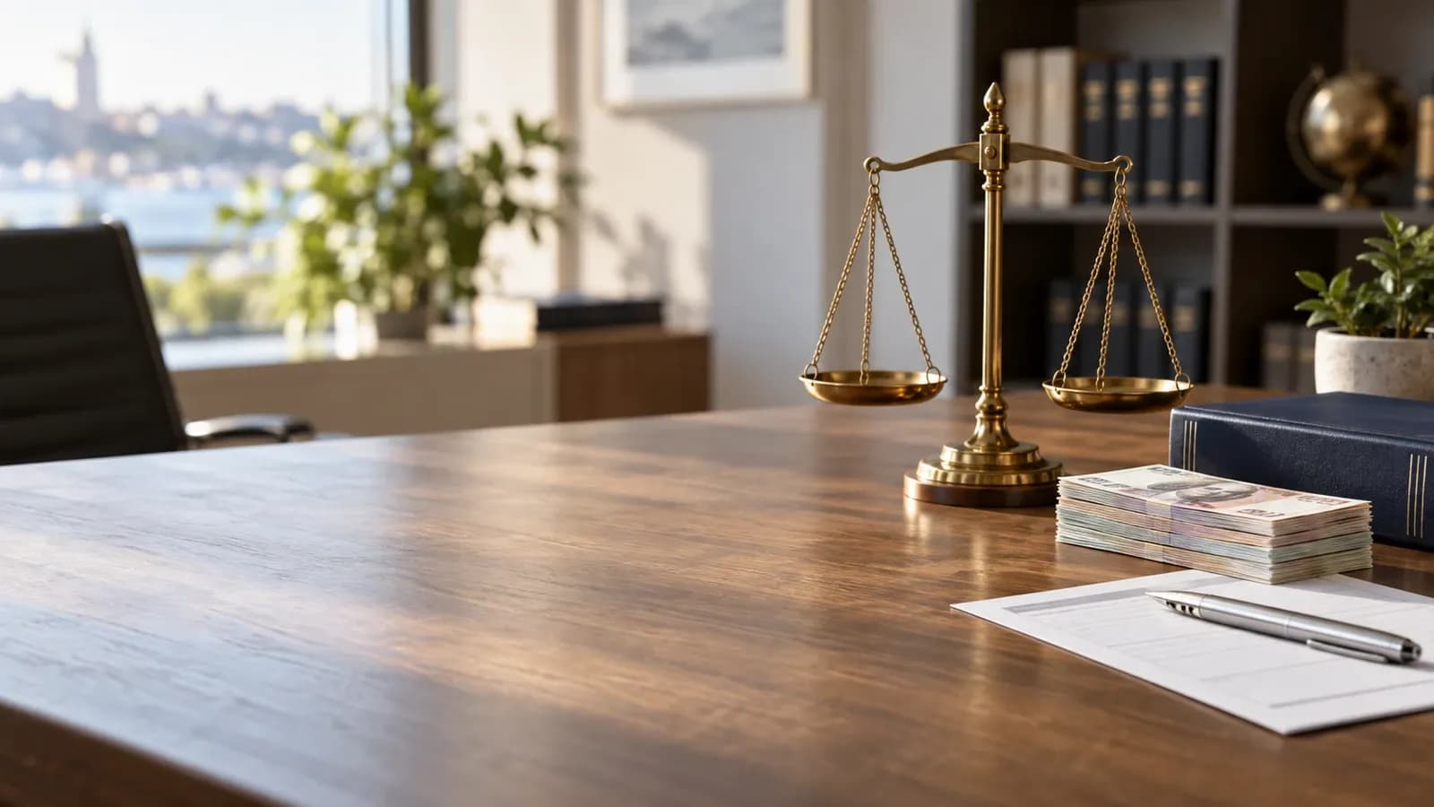 Etkin pişmanlık ve para iadesi: masa üzerinde terazi, banknotlar ve evrak — Sevginaz Hamevioğlu · Yapay zekâ ile üretilmiş temsili görsel