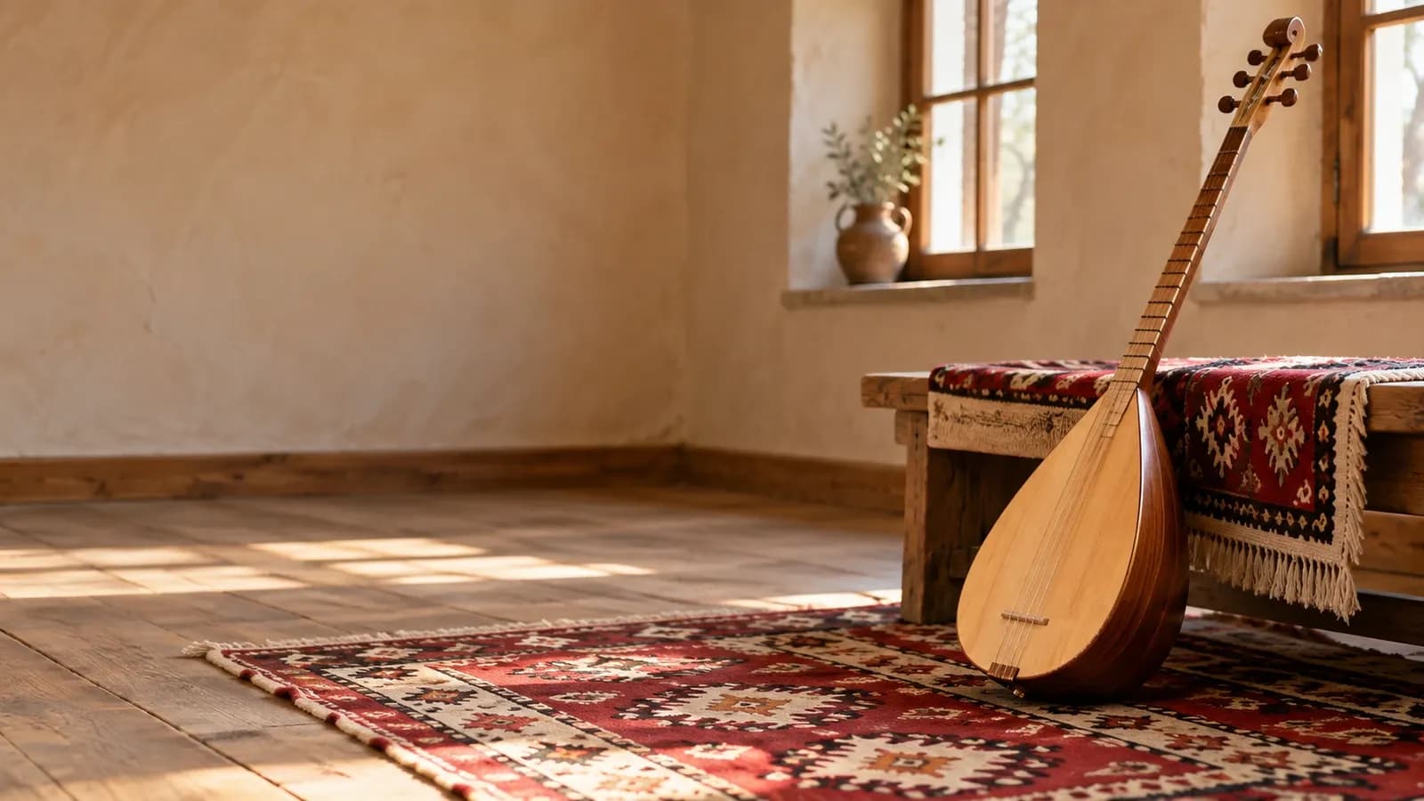 Bağlama ve Anadolu kilimiyle Alevi kültürünü konu alan temsili sahne — Zafer Gökcan · Yapay zekâ ile üretilmiş görsel
